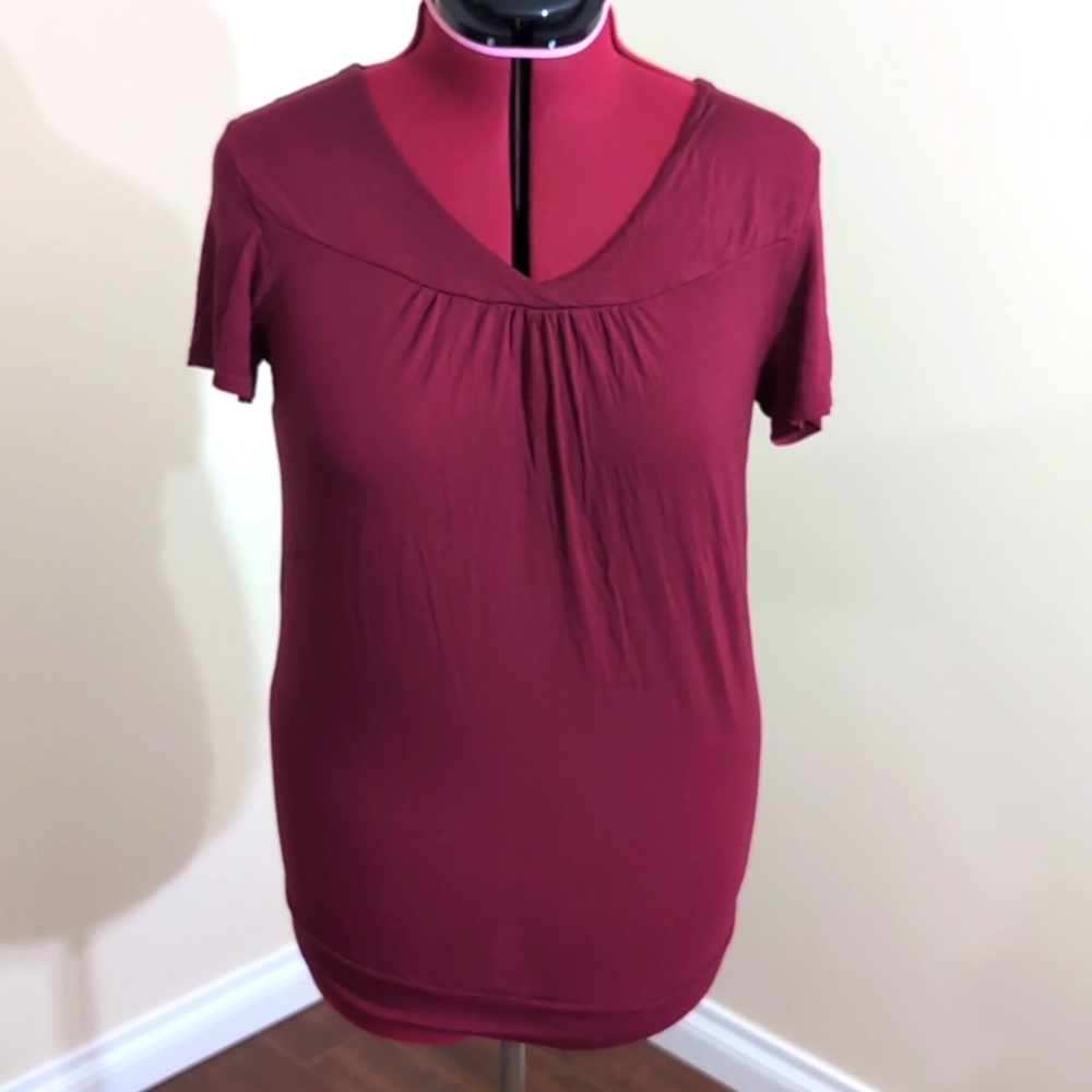 Maroon Red V-Neck Pyjama Short Sleeves T-shirt Viscose Spandex Blend